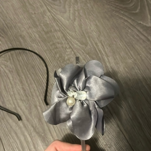 Black lacy and silver satin flower headbands with gem embellishment - Picture 2 of 6